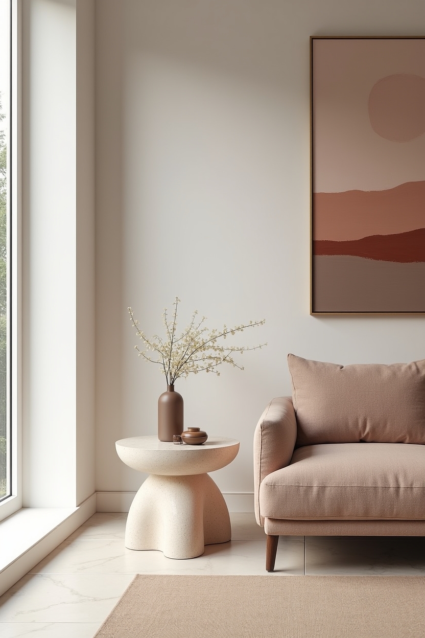 curved travertine or resin side table in organic pebble or kidney shape home decor
