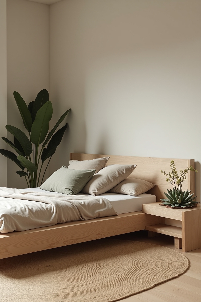 warm oak platform bed with integrated planter home decor