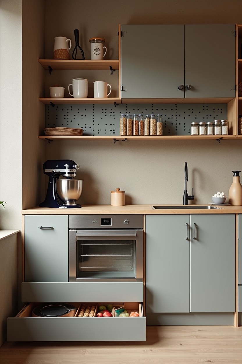 reconfigurable pegboard-backed drawers home decor