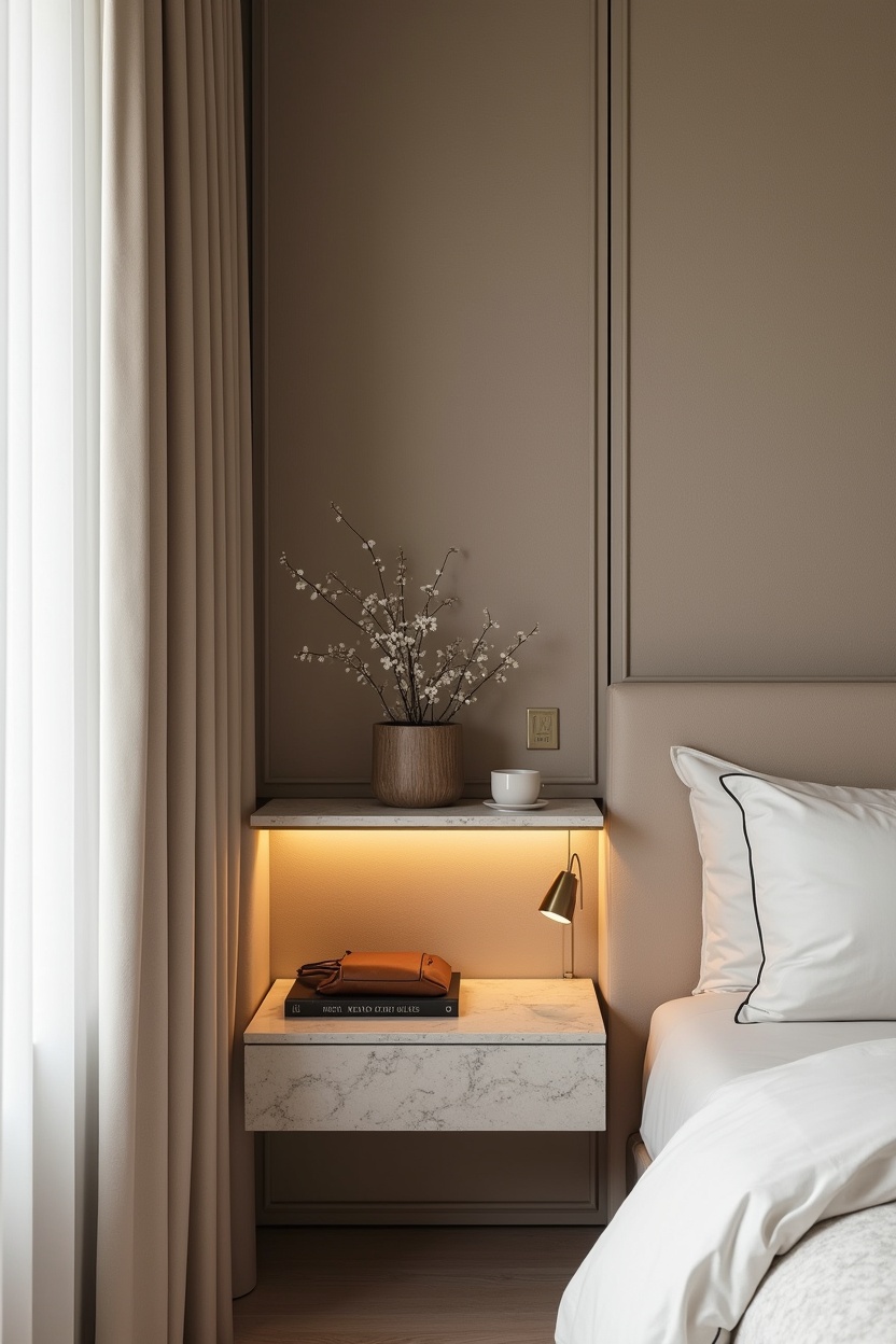 slim brass floating shelf with concealed warm LED home decor