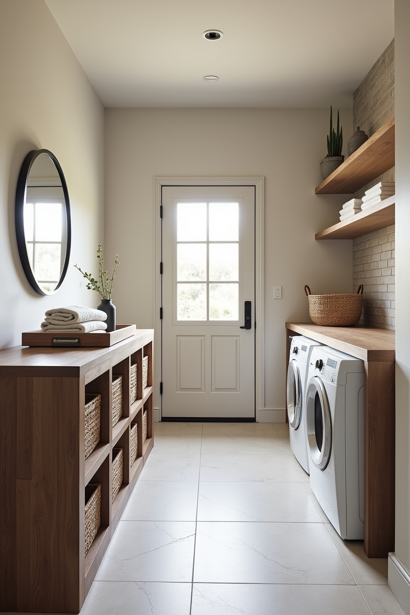 walnut laundry room folding station ideas — narrow walnut island with wicker hamper cubbies featuring walnut folding island / counter across machines