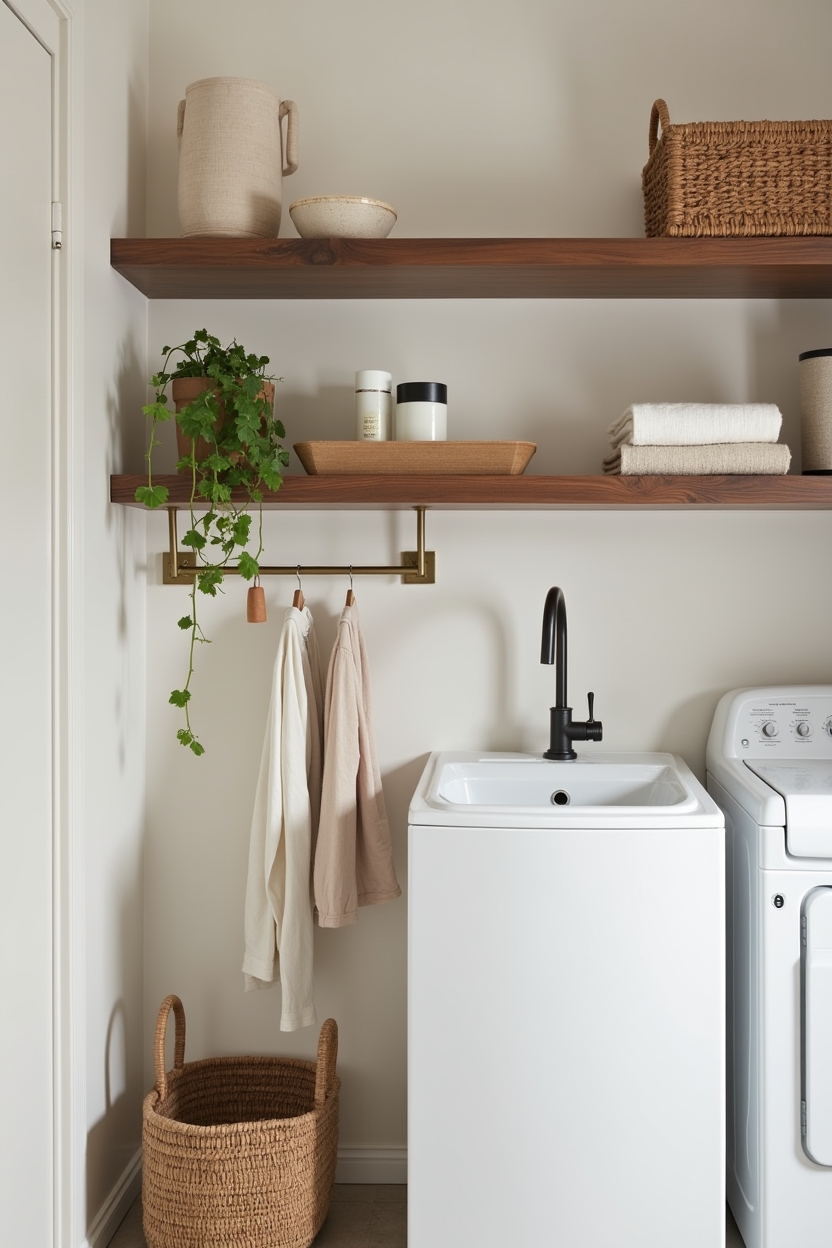 walnut laundry room folding station ideas — slim floating walnut shelf with brass pegs featuring floating walnut peg shelf