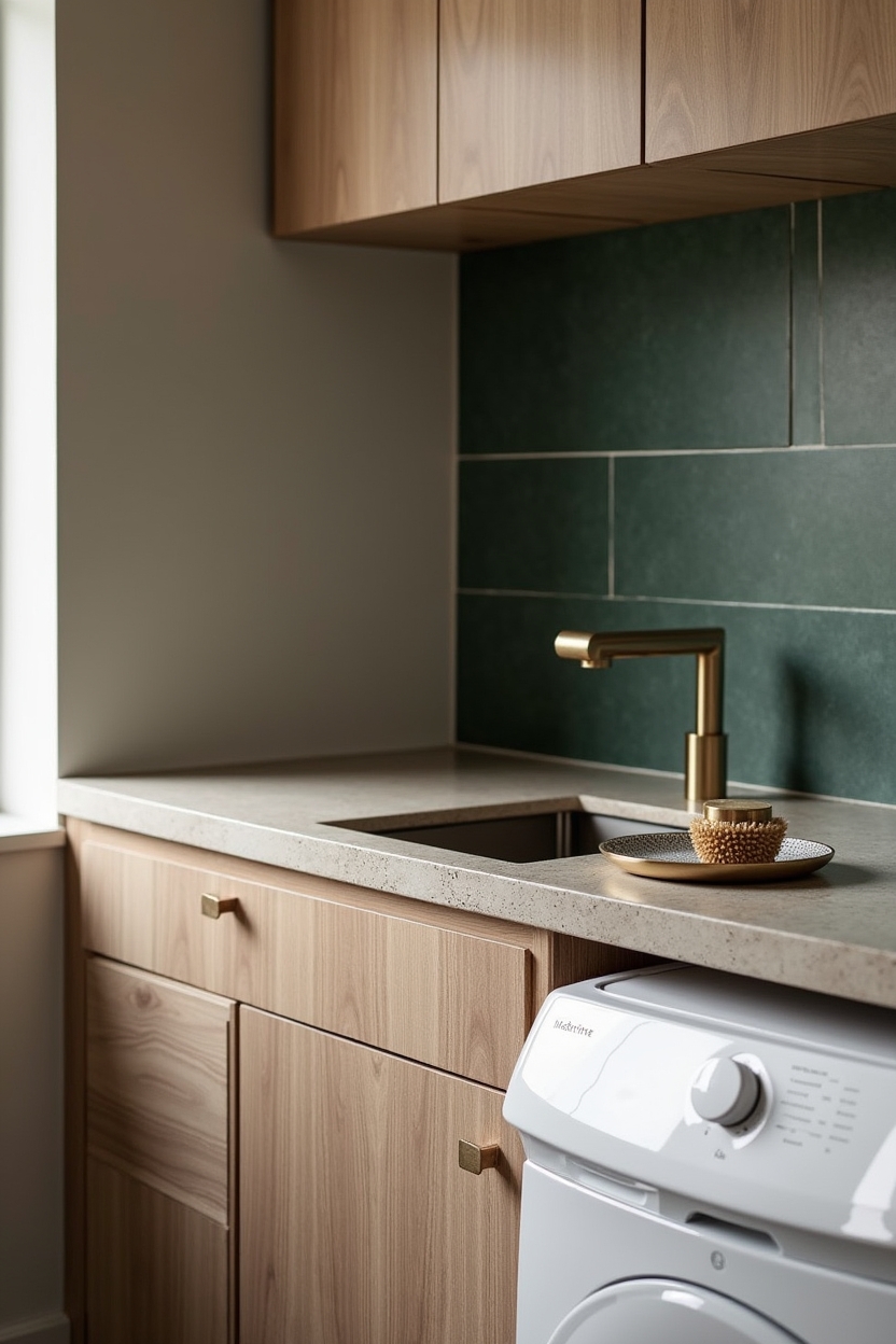 walnut laundry room folding station ideas — slim walnut ledge with visible terrazzo inset tray featuring inset terrazzo tray in walnut ledge