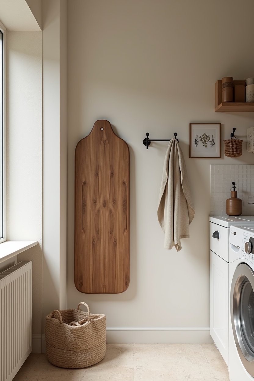 walnut laundry room folding station ideas — wall-mounted walnut drop-leaf board in folded or dropped position featuring wall-mounted drop-leaf folding board