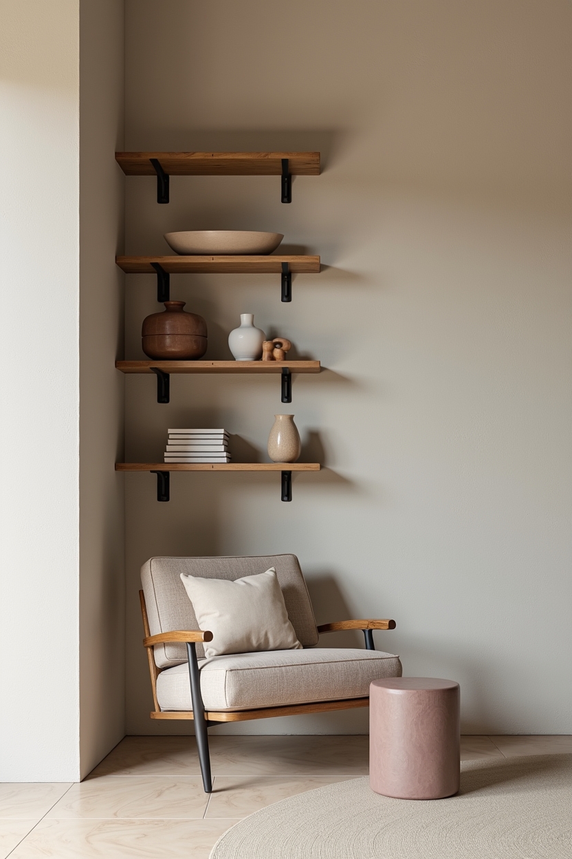 mixed-metal floating shelves with curved brackets home decor