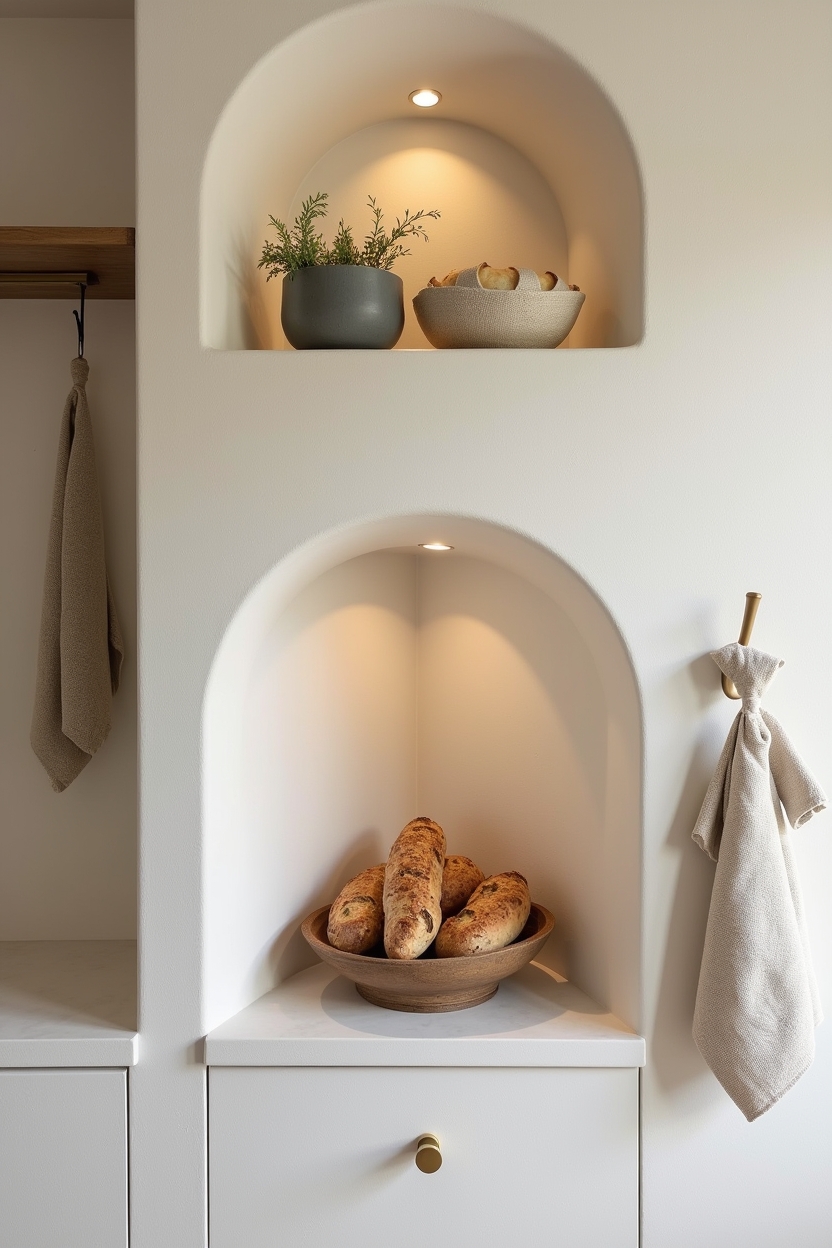 rounded plaster niche with sculptural bread still life home decor