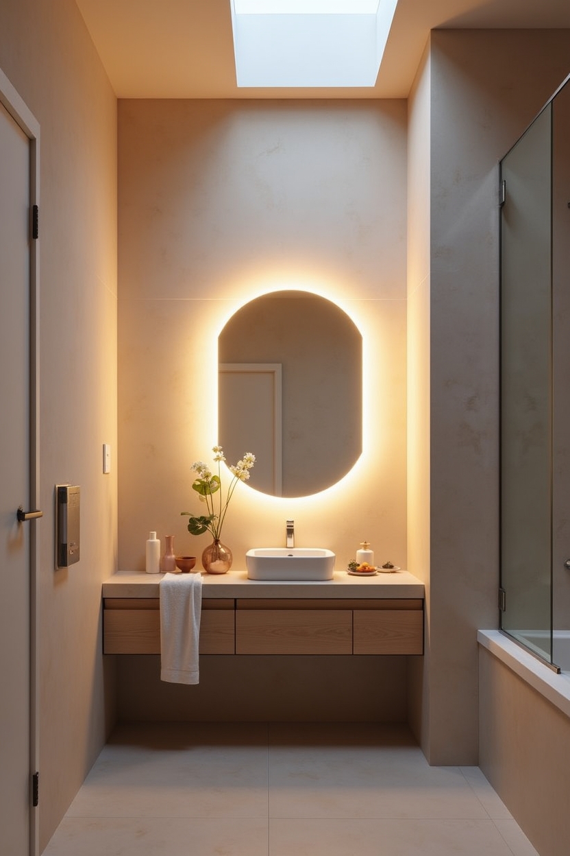 timeless luxury restorative bathroom ideas — halo-lit mirror featuring candescent LED halo mirror paired with smoked glass skylight