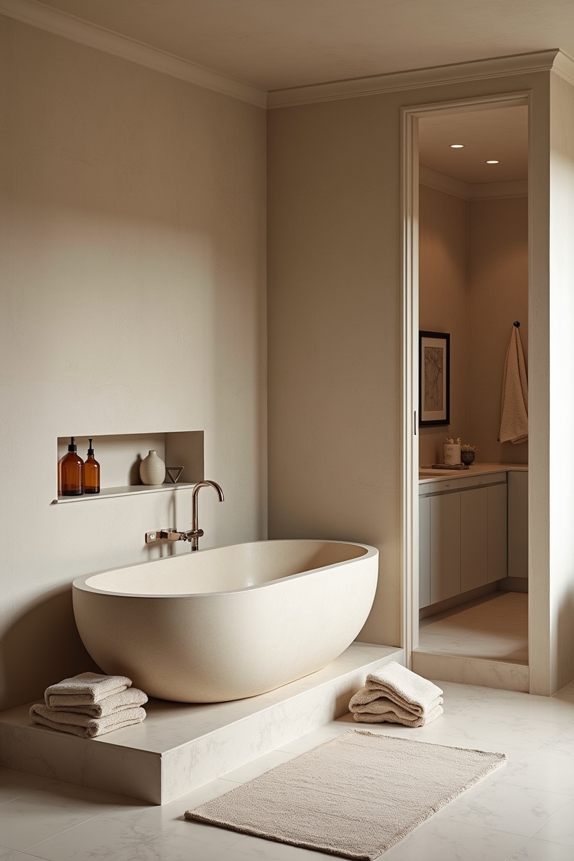 timeless luxury restorative bathroom ideas — carved freestanding stone tub featuring sculptural freestanding carved stone tub