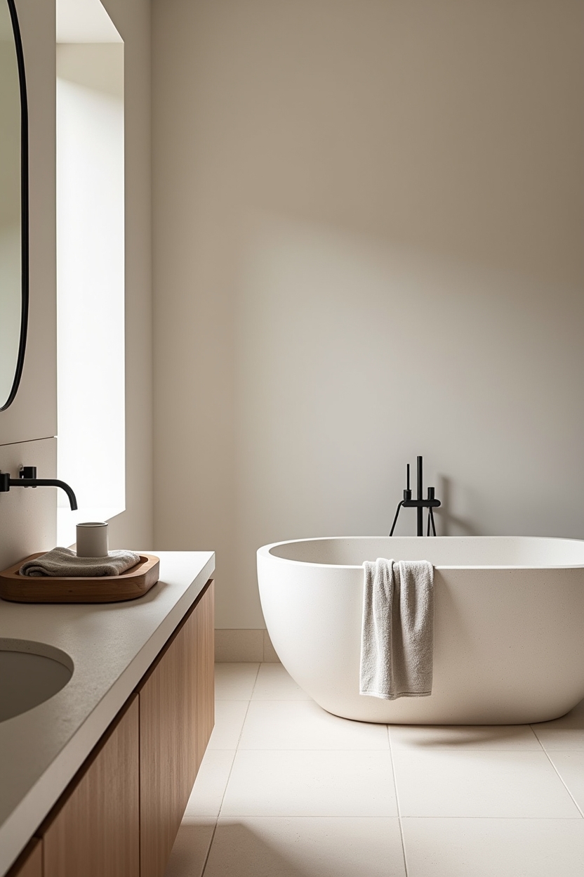 timeless luxury restorative bathroom ideas — freestanding soaking tub featuring terrazzo soaking slab with thin matte brass inlay