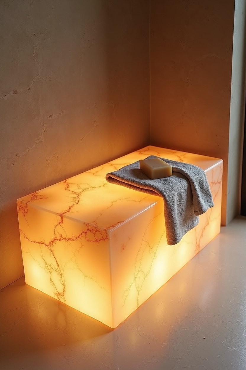 timeless luxury restorative bathroom ideas — onyx shower bench featuring backlit translucent onyx shower bench