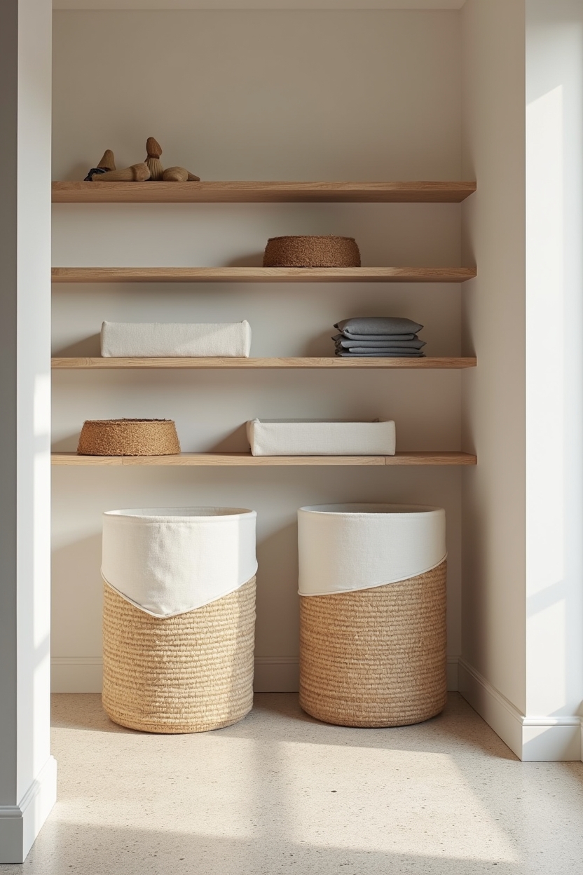 beige luxury laundry room ideas — rattan_wall_shelf featuring open_rattan_shelving_with_woven_hampers