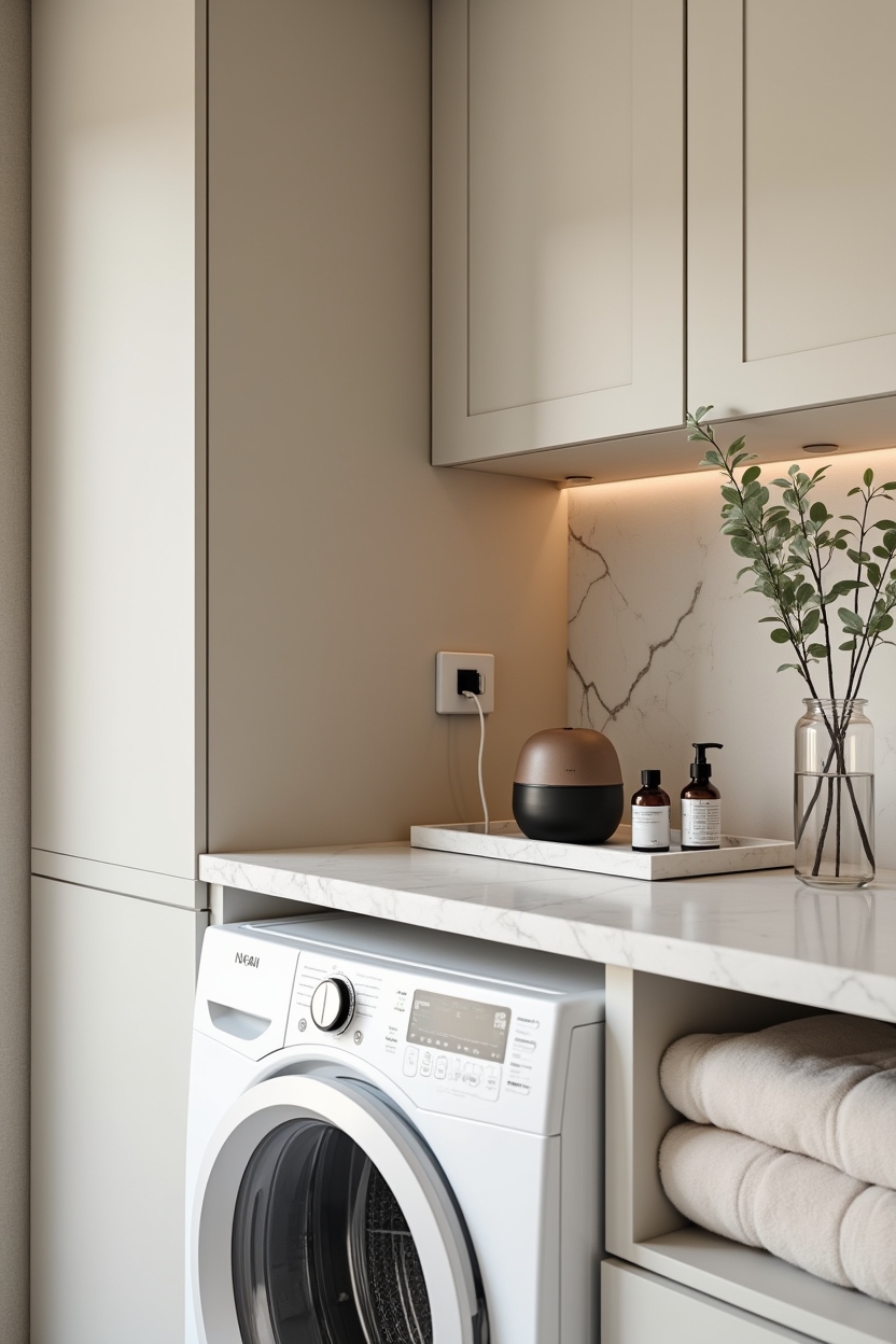 beige luxury laundry room ideas — steam_diffuser_on_recessed_shelf featuring hidden_wellness_nook_recessed_shelf