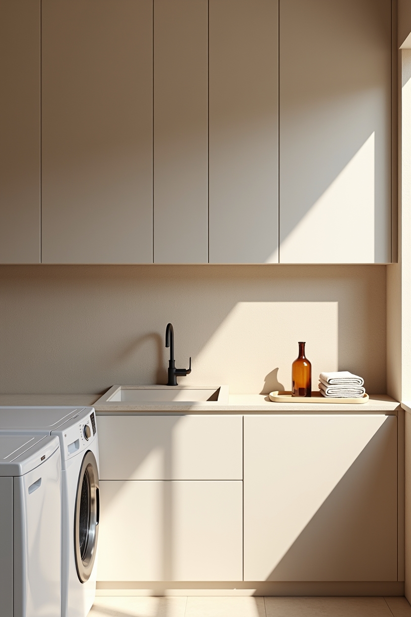 beige luxury laundry room ideas — sculptural_amber_bottle featuring venetian_plaster_accent_wall