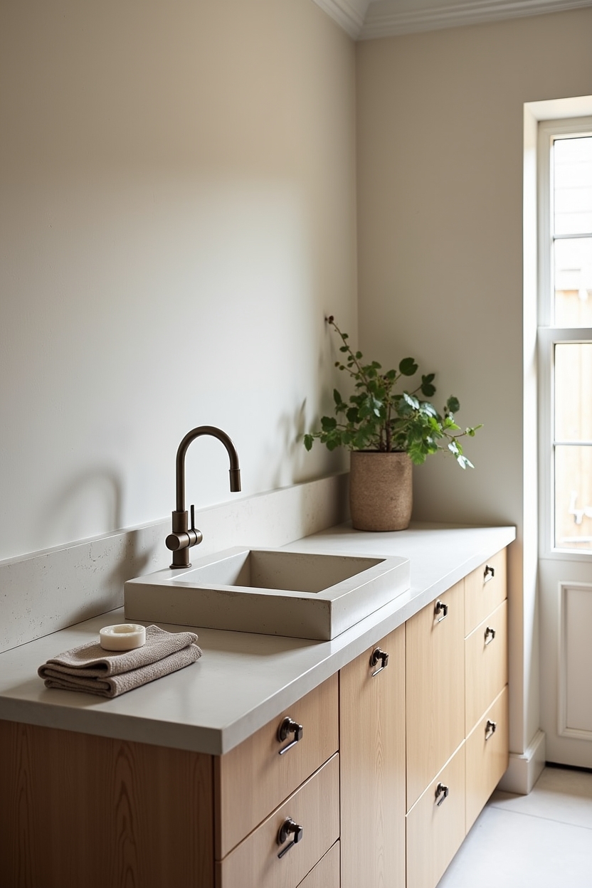 beige luxury laundry room ideas — hand-carved_limestone_sink featuring limestone_utility_sink