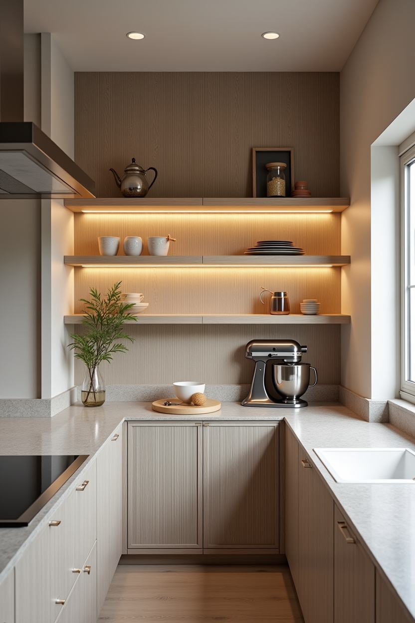 ribbed-glass floating shelves with soft under-shelf backlighting home decor