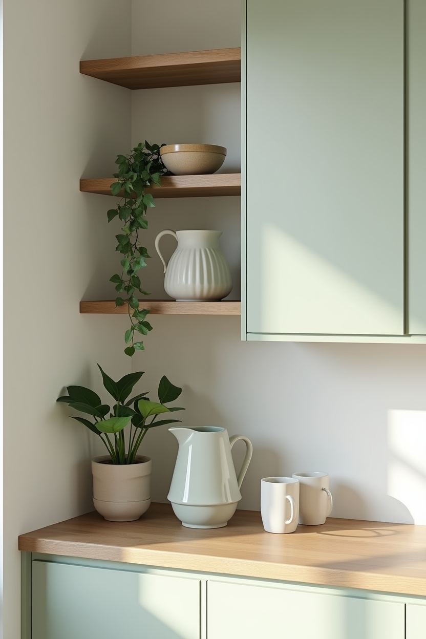 open sage green floating shelves displaying curved organic ceramic vessels with trailing pothos plant home decor