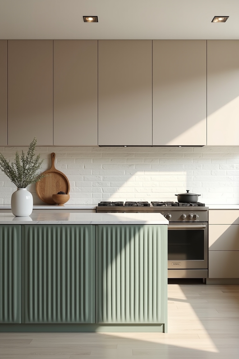 fluted sage green kitchen island with waterfall honed marble edge facing a zellige tile backsplash behind the range home decor