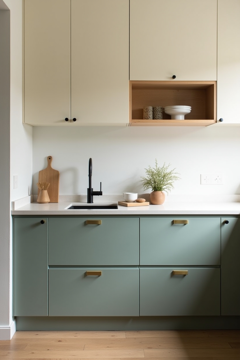two-tone sage lower cabinets paired with warm cream upper cabinets fitted with unlacquered brass bin pulls home decor