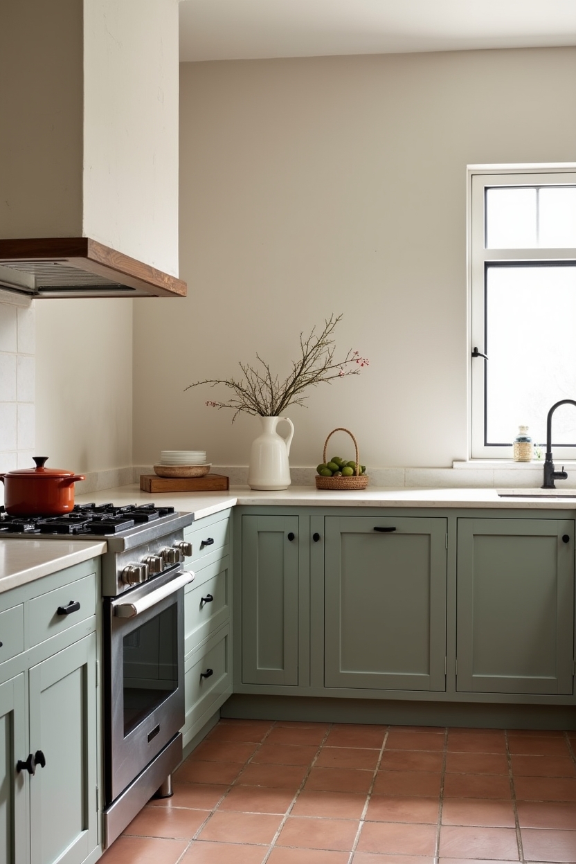 limewash plaster walls in warm white with subtle tone variation alongside sage green cabinetry accented by terracotta cookware and floor tile home decor