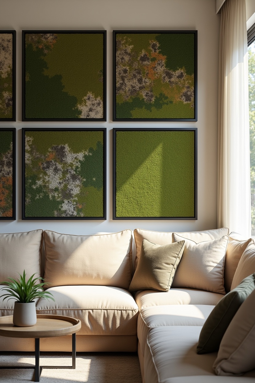 framed preserved moss panels in asymmetrical grid home decor