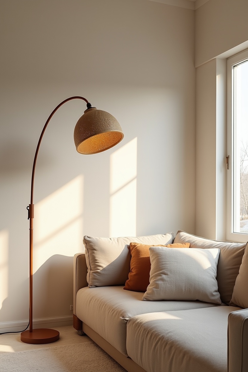 oversized rattan arc floor lamp with leather strap detail home decor