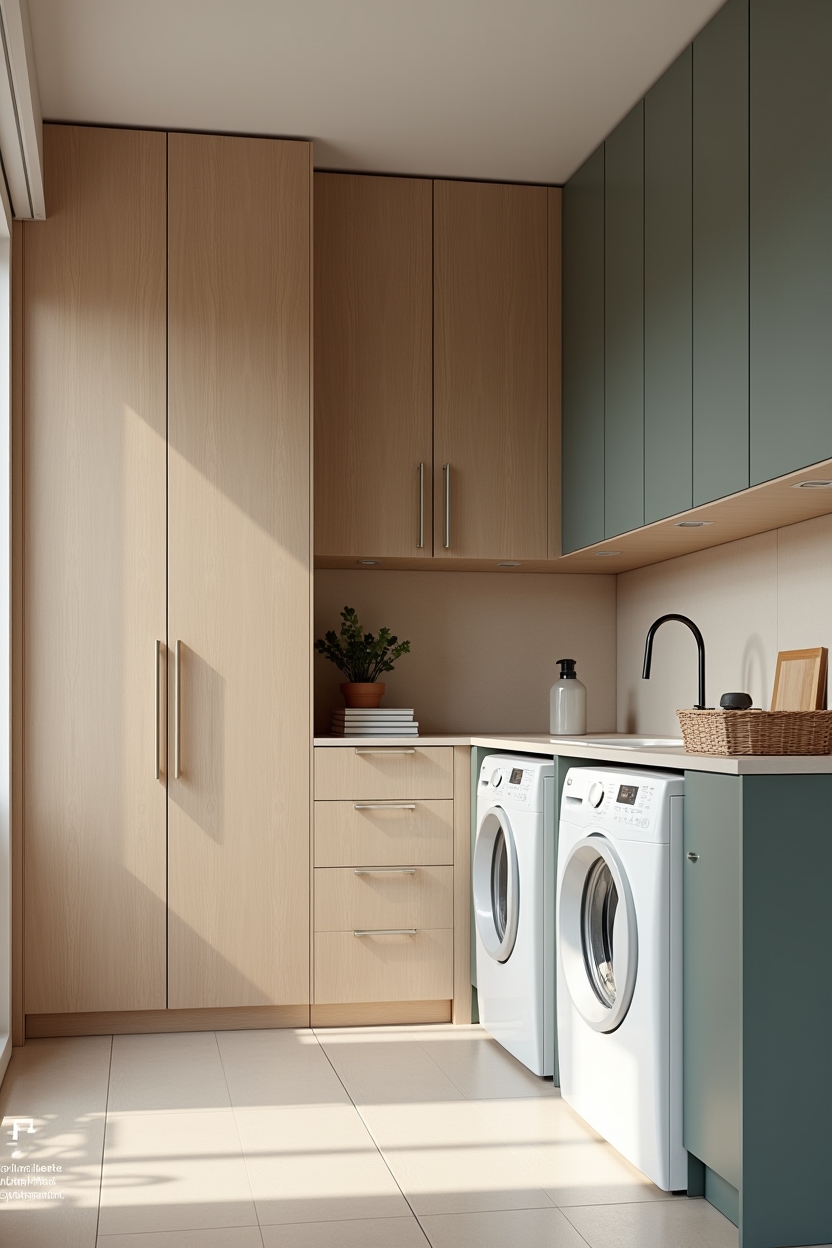 moody narrow laundry room ideas — slim deep-teal flat-panel cabinetry run featuring slim floor-to-ceiling cabinetry