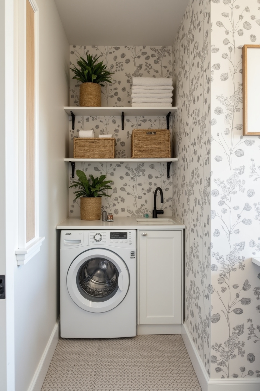moody narrow laundry room ideas — oversized ink botanical print wall featuring ink botanical wallpapered end wall