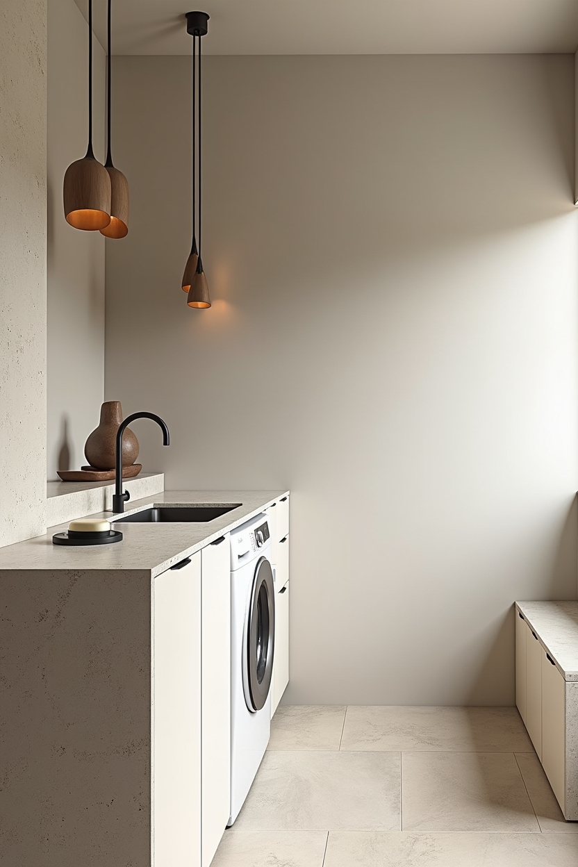 moody narrow laundry room ideas — slim warm-grey fleck terrazzo trough sink and counter featuring terrazzo trough countertop