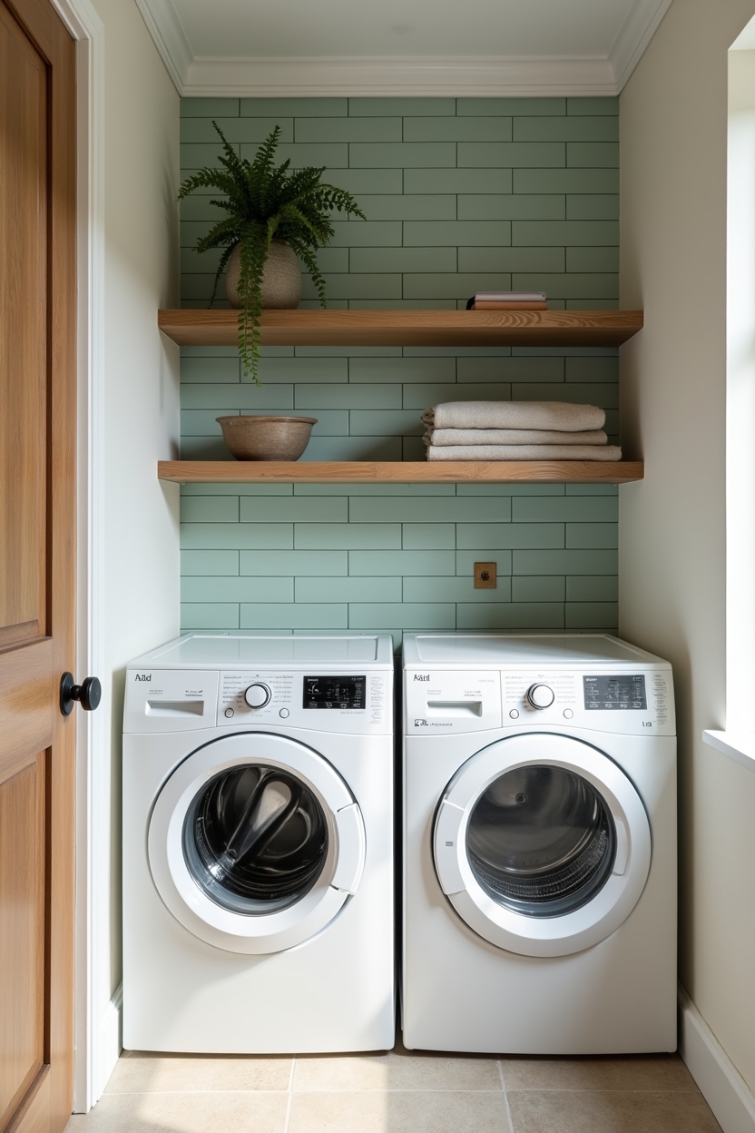 moody narrow laundry room ideas — tall narrow strip of glossy emerald subway tile featuring glossy emerald subway tile strip behind stacked washer