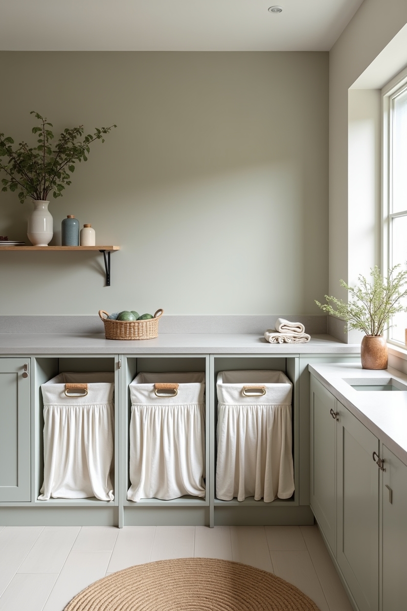 contemporary laundry room storage ideas — recessed fluted hamper cubbies featuring fluted hamper cubbies with concrete-look countertop
