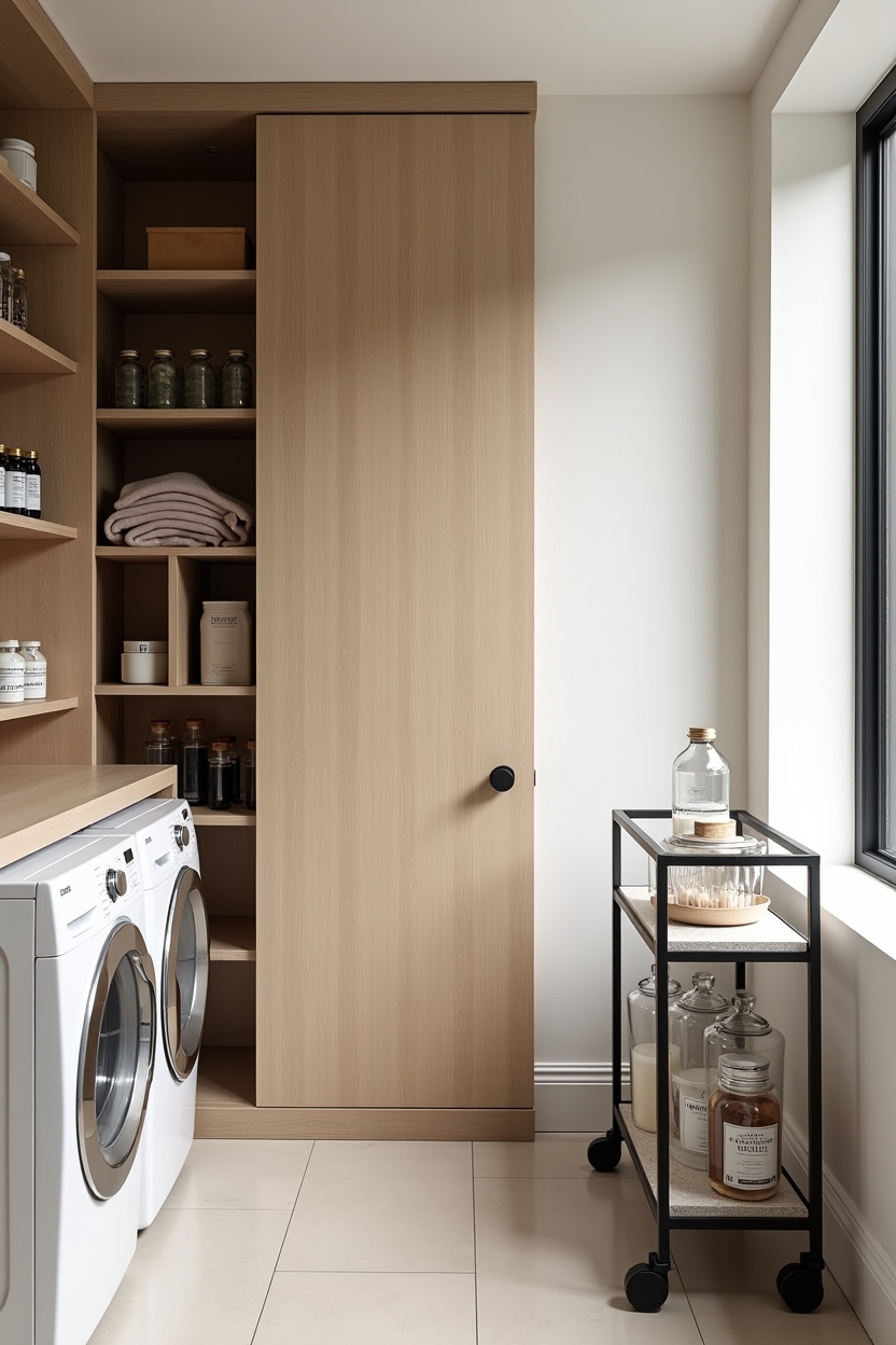 contemporary laundry room storage ideas — perforated sliding birch panel mid-slide featuring sliding perforated birch panel revealing detergent gallery