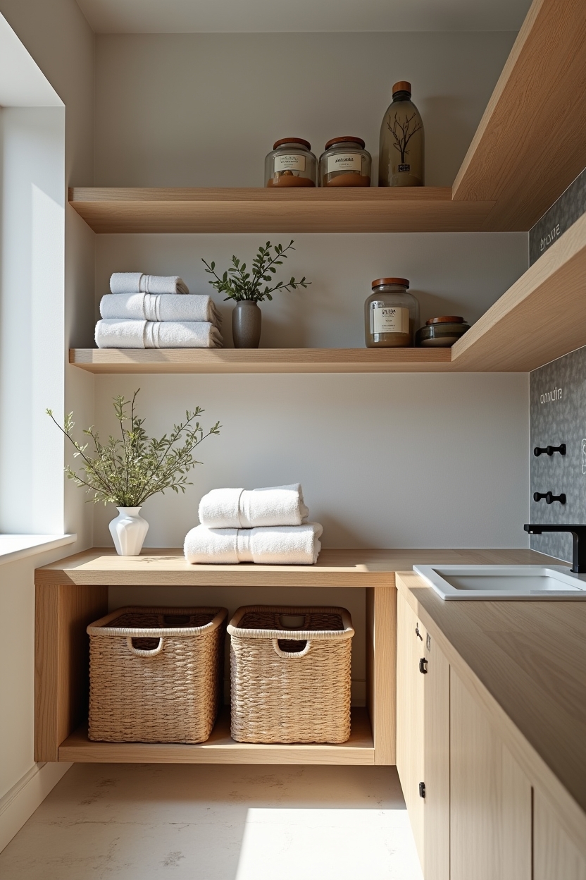 contemporary laundry room storage ideas — wide floating oak shelf with stacked towels and seagrass baskets featuring open oak floating shelves with woven basket labels