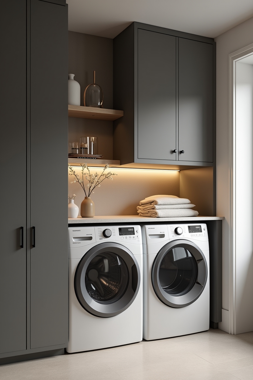 contemporary laundry room storage ideas — pop-out illuminated waist-height folding shelf featuring floor-to-ceiling matte charcoal cabinetry with inset LED folding shelf