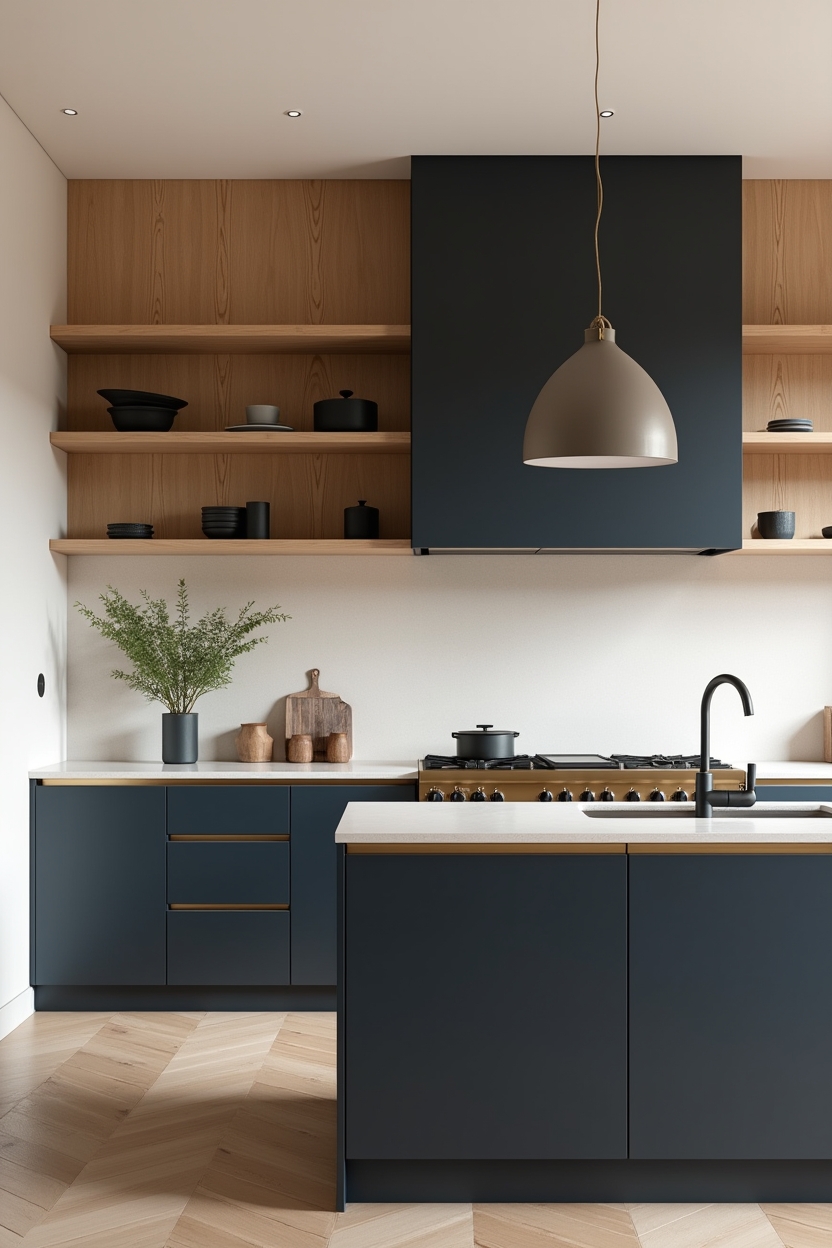 black-stained oak open shelving and matching floating range hood home decor