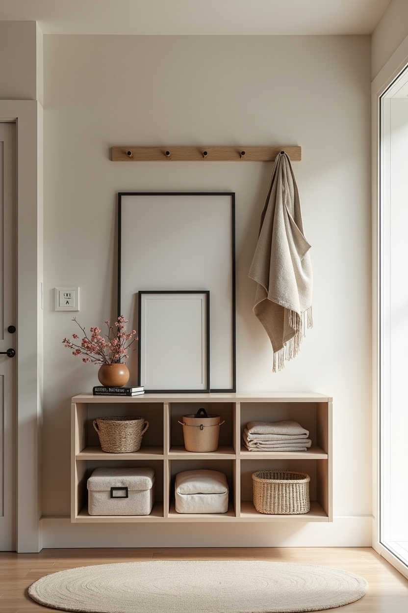framed modular floating-shelf grid (3x2) used as catch-alls home decor