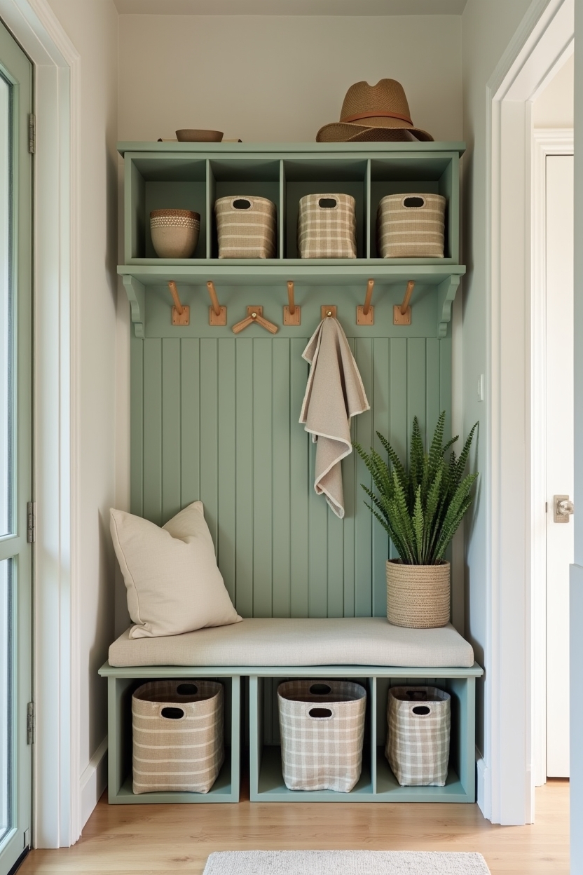 painted pegboard with wooden pegs and canvas bins home decor