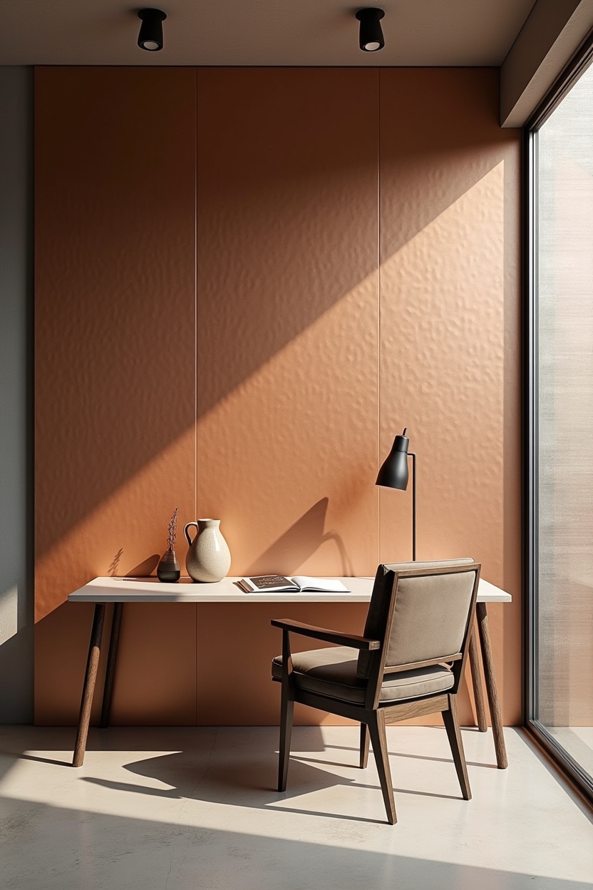 mixed metal office wall decor — hammered copper wall panel featuring floor-to-ceiling hammered metal accent wall
