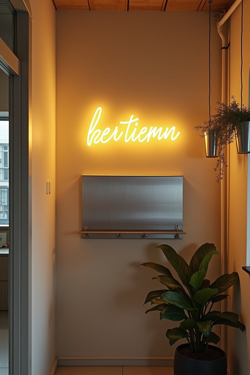 mixed metal office wall decor — gold neon script featuring gold neon script over steel panel