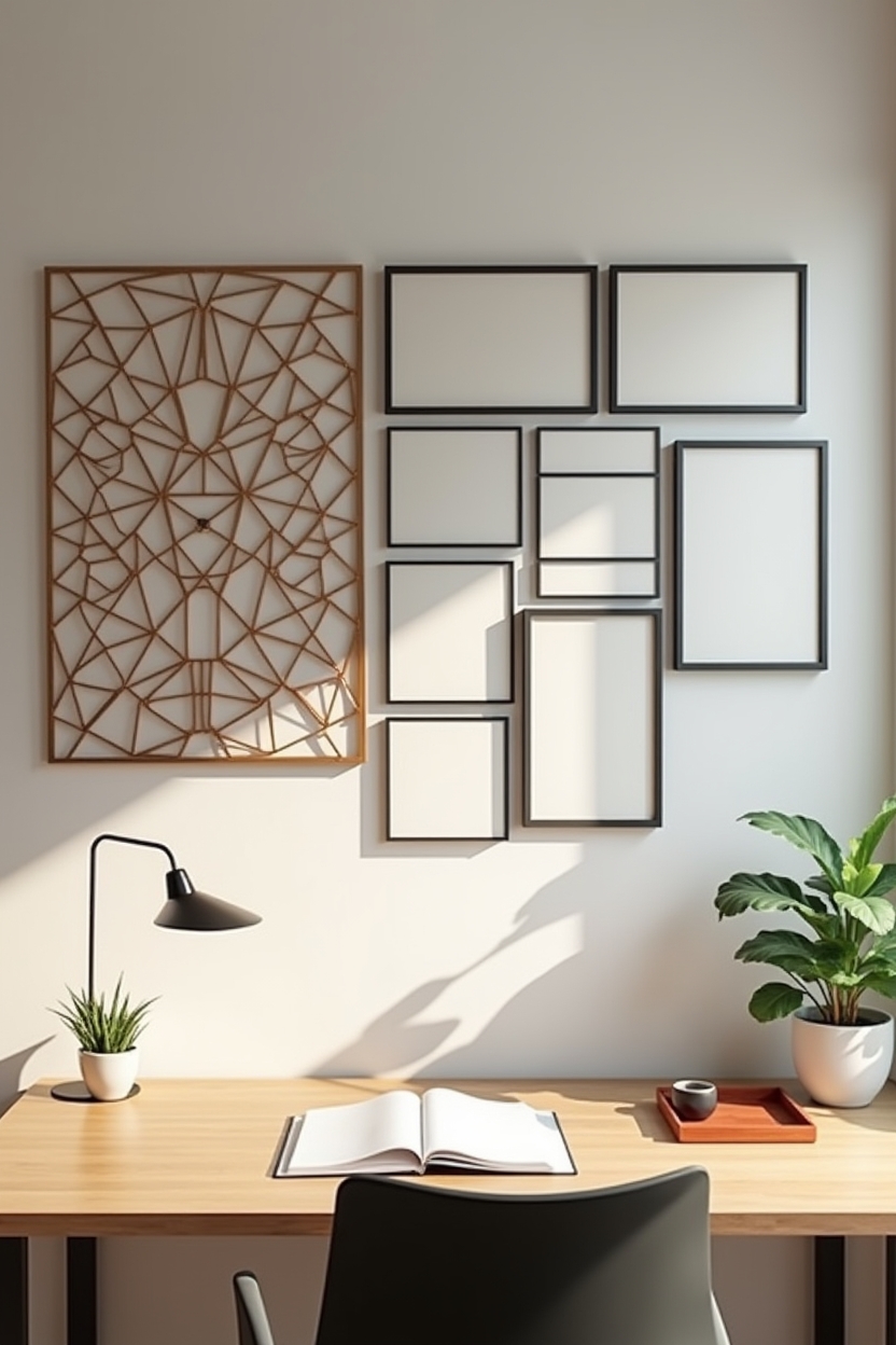 mixed metal office wall decor — brass-and-bronze geometric lattice featuring mixed-metal geometric gallery