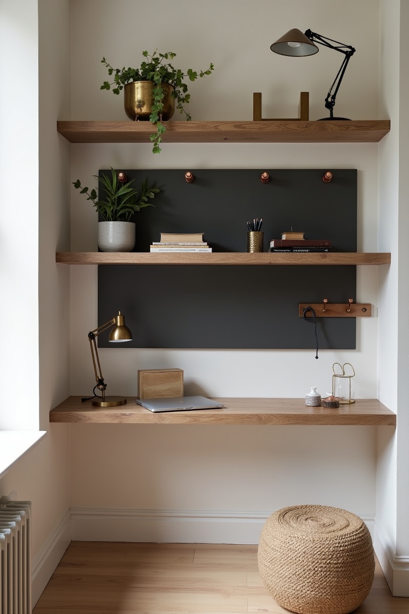 mixed metal office wall decor — reclaimed wood shelf featuring reclaimed-wood floating shelf vignette