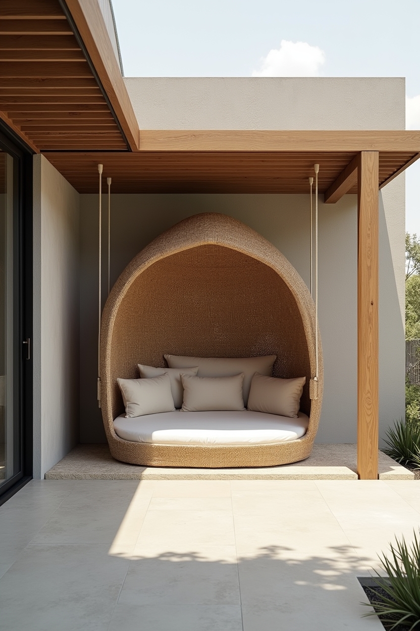 half-moon rattan canopy suspended from timber beam home decor