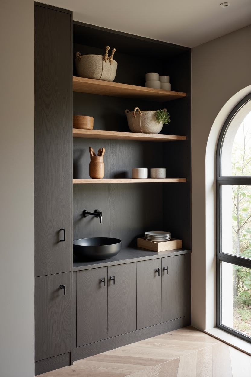 dark-stained floating ash shelves home decor