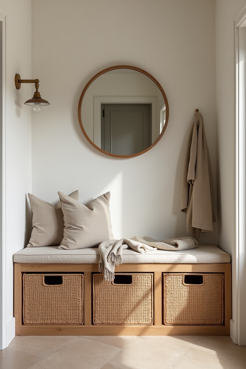 restorative entryway storage ideas — rattan cubby bench featuring woven_rattan_texture