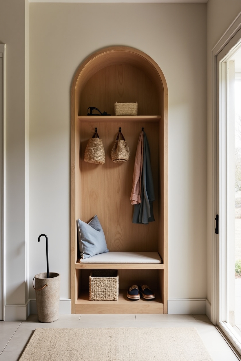 restorative entryway storage ideas — arched wooden coat nook featuring arched_built-in_coat_nook