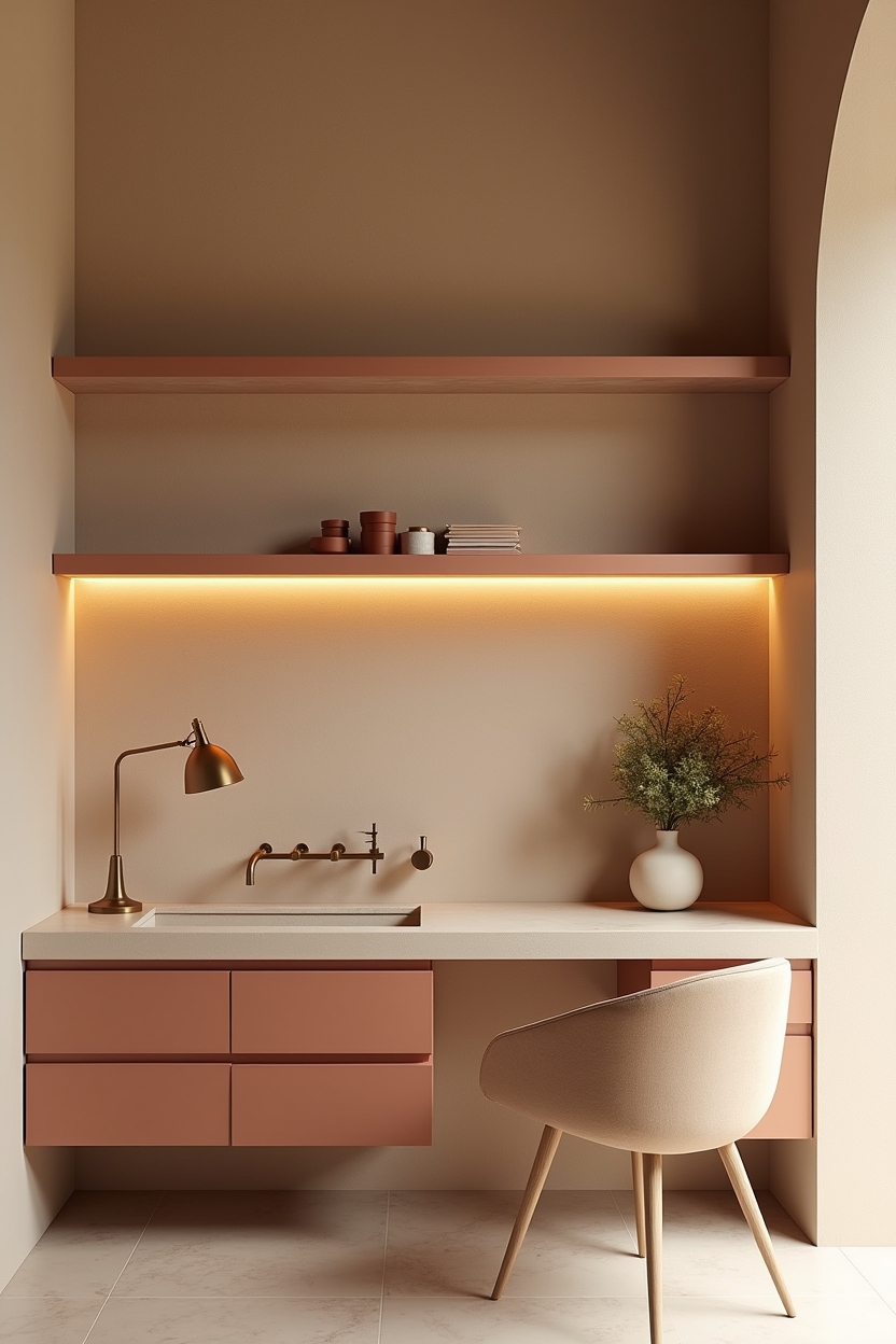 sand tone office wall decor — matte terracotta floating shelf with hidden brackets featuring textured Venetian plaster wall