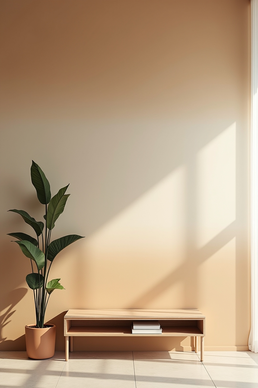 sand tone office wall decor — low bookshelf or bench positioned against the mural base featuring horizontal ombré mural fading to warm cream