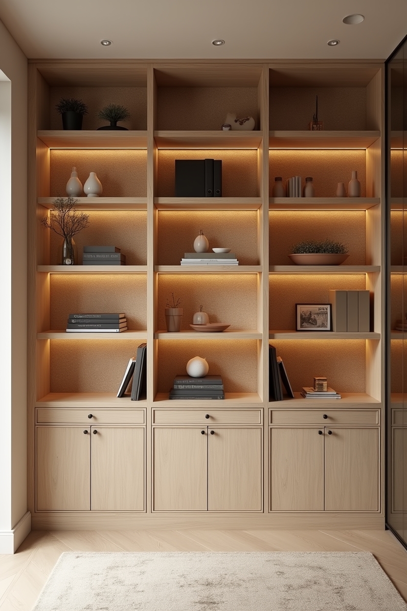 sand tone office wall decor — large sand-toned terrazzo tile lining bookcase backs featuring sand terrazzo tile backing in built-in bookcases
