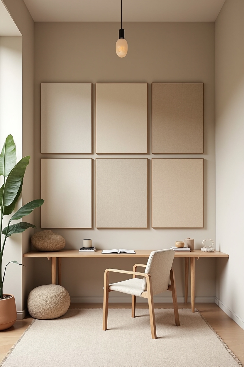 sand tone office wall decor — three-by-two raw-wood framed linen canvases featuring oversized linen canvas grid