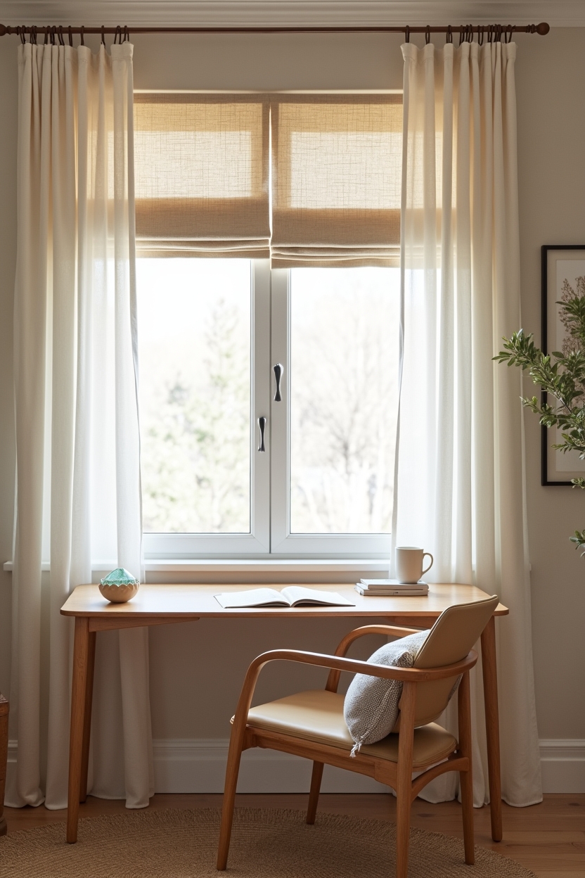 coastal grandmother modern home office decor — natural rattan desk featuring layered_window_treatments