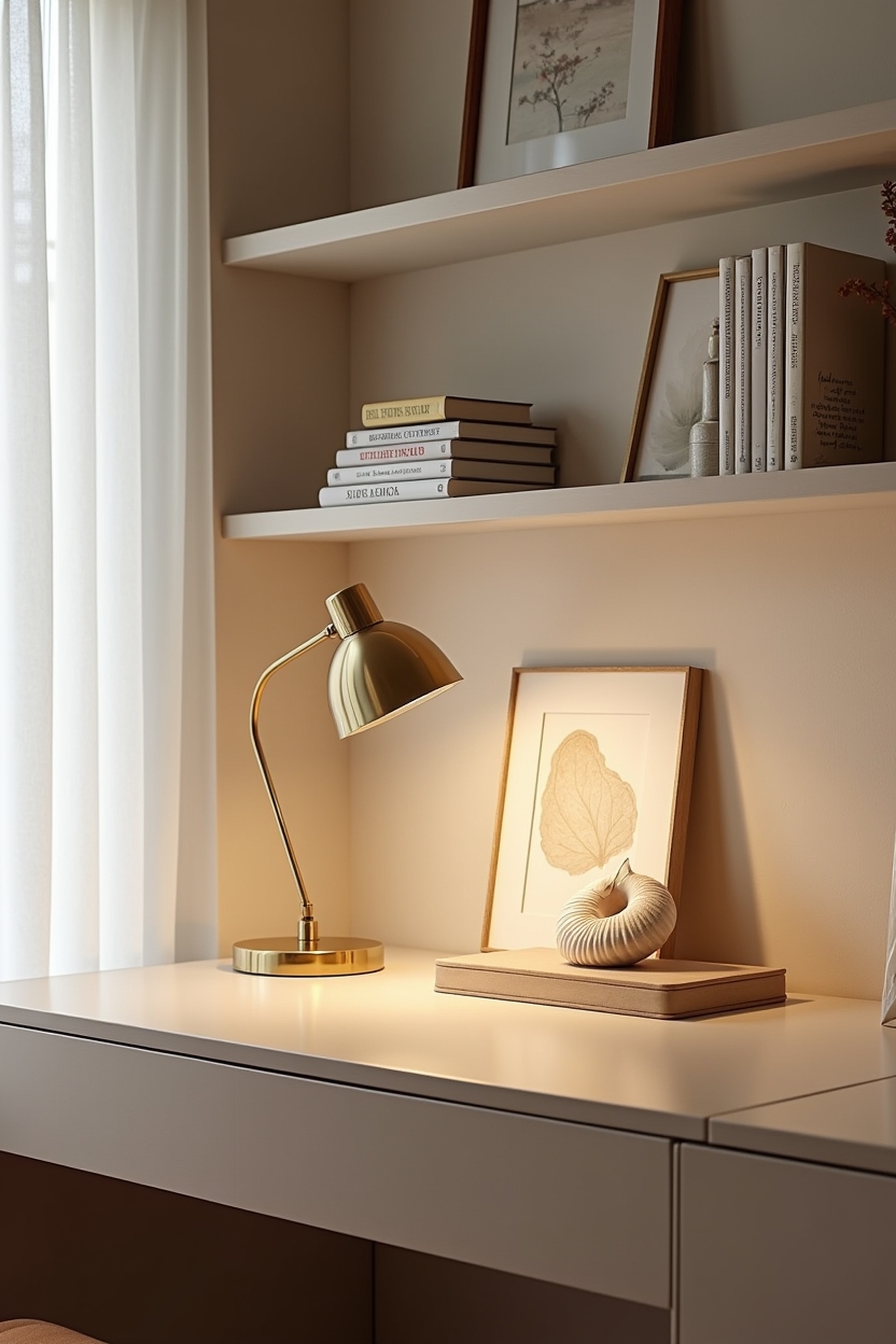 coastal grandmother modern home office decor — scalloped brass banker’s lamp featuring vintage_brass_task_lighting